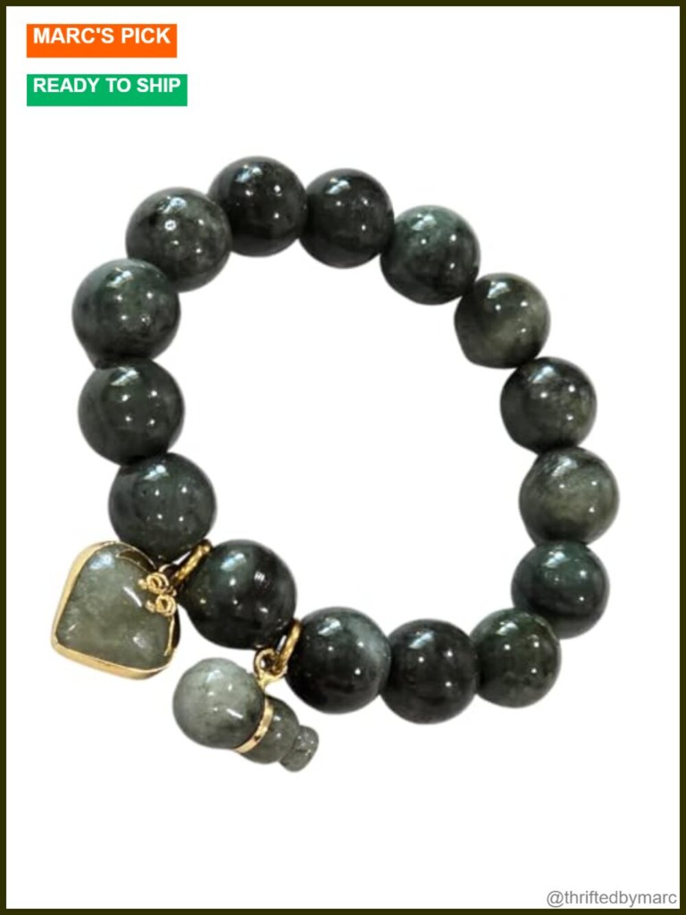 Natural Burmese Jade Beaded Stretch Bracelet with Heart Pendant & Gourd Charm